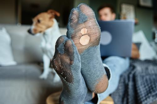 Mann mit undichten Socken, der sich auf dem Sofa neben einem Hund ausruht und einen Laptop benutzt Bein Golfloch Arbeit Krise Menschen Freiberufler schlecht
