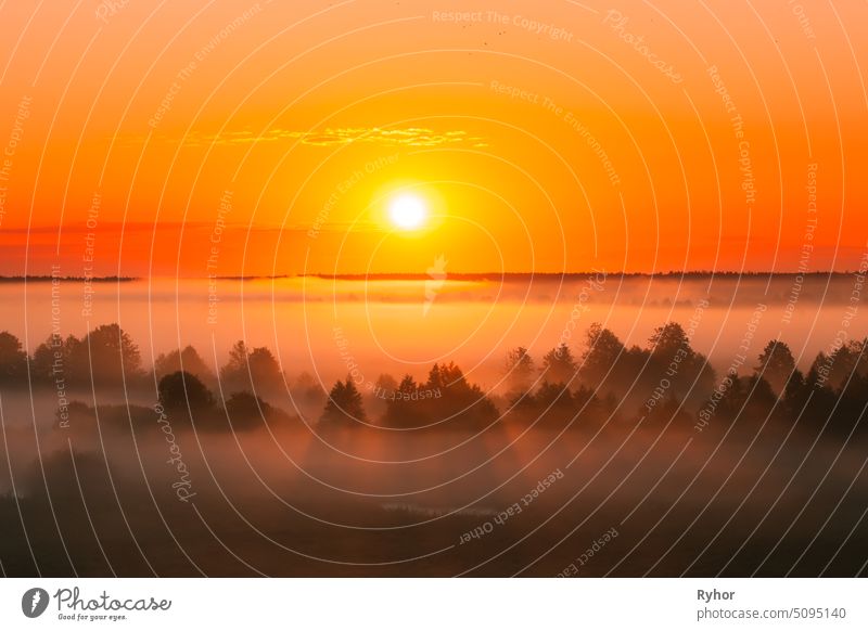 Amazing Sonnenaufgang über neblige Landschaft. Scenic View Of Foggy Morning Sky With Rising Sun Above Misty Forest. Mitte Sommer Natur von Europa Saison Licht
