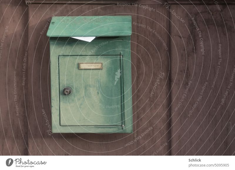 Liebesbrief für Loulou, Brief ragt aus grünem Briefkasten an violetter Holzwand heraus herausragen Wand closeup Nahaufnahme Farbkontrast Namensschild