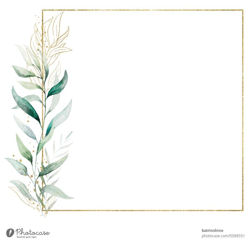 Quadratischer goldener Rahmen aus grünen Aquarellblättern, Illustration einer Hochzeit Geburtstag botanisch Dekoration & Verzierung Zeichnung Element Laubwerk