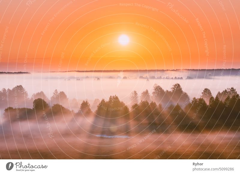 Amazing Sonnenaufgang über neblige Landschaft. Scenic View Of Foggy Morning Sky With Rising Sun Above Misty Forest. Mitte Sommer Natur von Europa Morgen