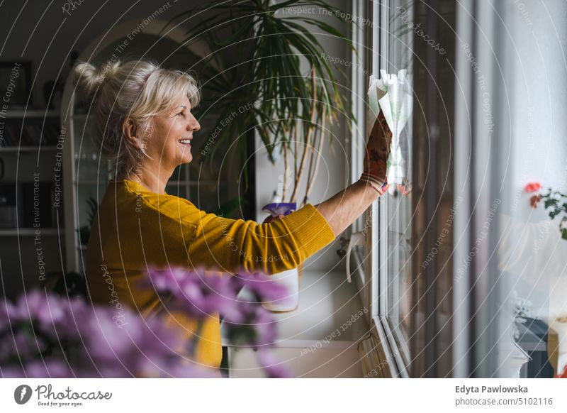 Reife Frau putzt Fenster in ihrem Haus Lächeln Glück genießend positiv Freude Menschen Senior reif älter heimwärts alt Alterung häusliches Leben Großmutter