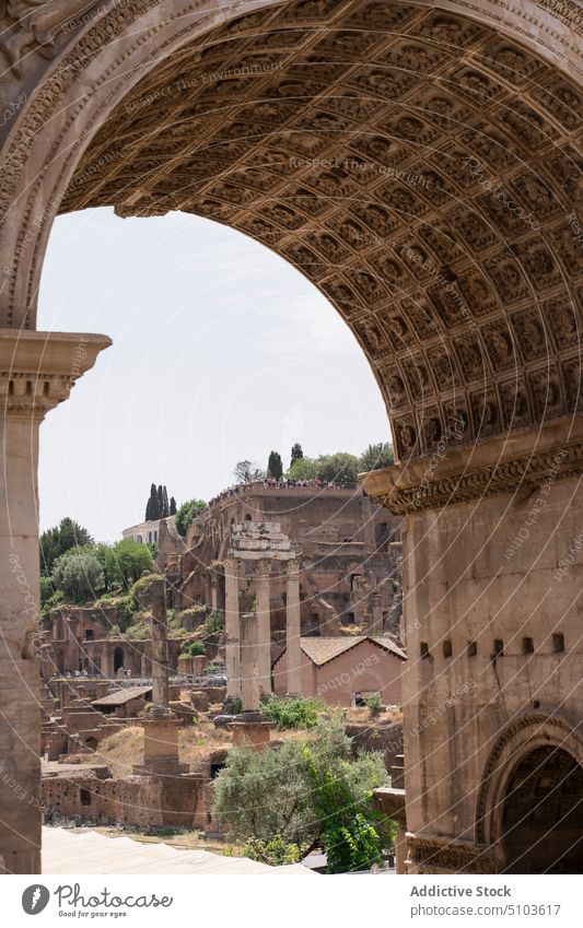 Alte Gebäude hinter dem Triumphbogen Bogen triumphal alt Quadrat historisch Architektur Wahrzeichen Denkmal Erbe Rom Italien bogen des septimius severus