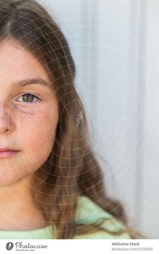 Crop Gesicht eines Mädchens mit Sommersprossen Kind Persönlichkeit Vorschein Hälfte Menschliches Gesicht Individualität Porträt Kindheit charmant friedlich