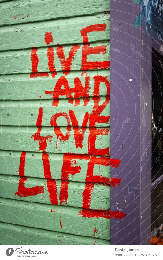 Grob gemaltes Graffiti auf einer Holzwand mit einer positiven, bejahenden Botschaft. Parole Farbe Nutzholz Wand bunt Nachricht Inspiration unordentlich Tropfen