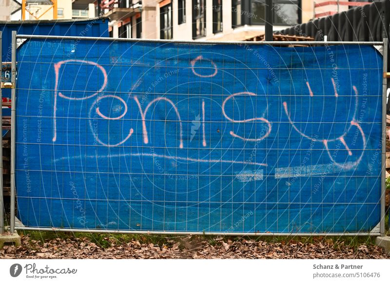 Bauzaun vor Baustelle mit blauem Sichtschutz, der mit dem Wort Penis und einem Grinsegesicht besprüht wurde Streich urban Graffiti Vandalismus Jugendliche