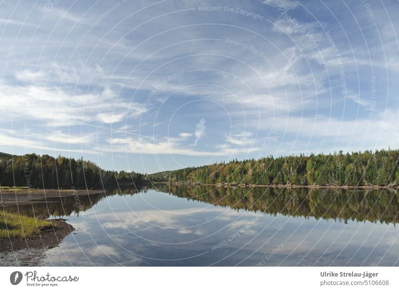 See in Kanada mit Wald und Wolken Spiegelung Himmel ruhig friedlich Wasser windstill blau weiss grün Ufer Wasseroberfläche Seeufer Landschaft Idylle Natur