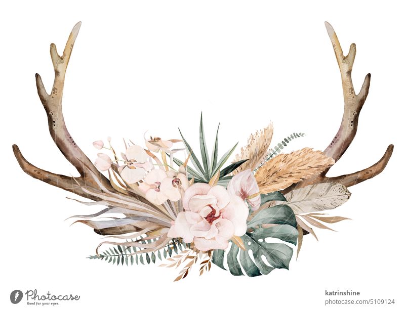Aquarell Hirschgeweih mit mit tropischen Blättern und Blumen Bouquet, Boho Hochzeit Illustration botanisch Dekoration & Verzierung exotisch Laubwerk