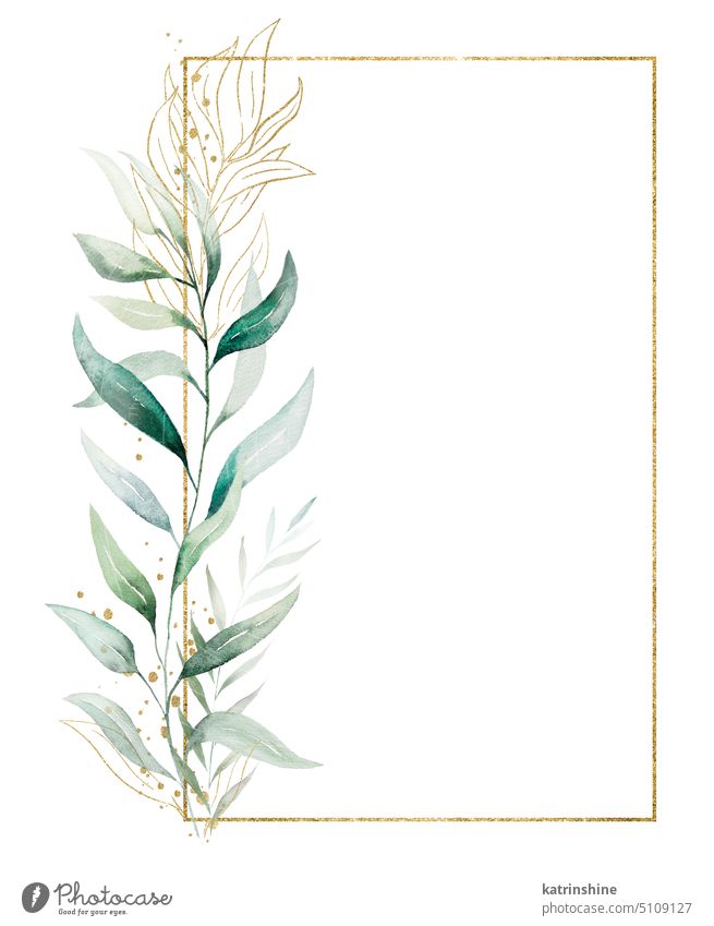 Rechteckiger goldener Rahmen aus grünen Aquarellblättern, Illustration einer Hochzeit Geburtstag botanisch Dekoration & Verzierung Zeichnung Element Laubwerk