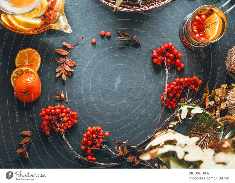 Kräutertee Hintergrund Rahmen mit Vogelbeeren, Orangenscheiben, Glas Teekanne und Tasse auf dunklen rustikalen Hintergrund. Ansicht von oben Kräuterbuch Beeren