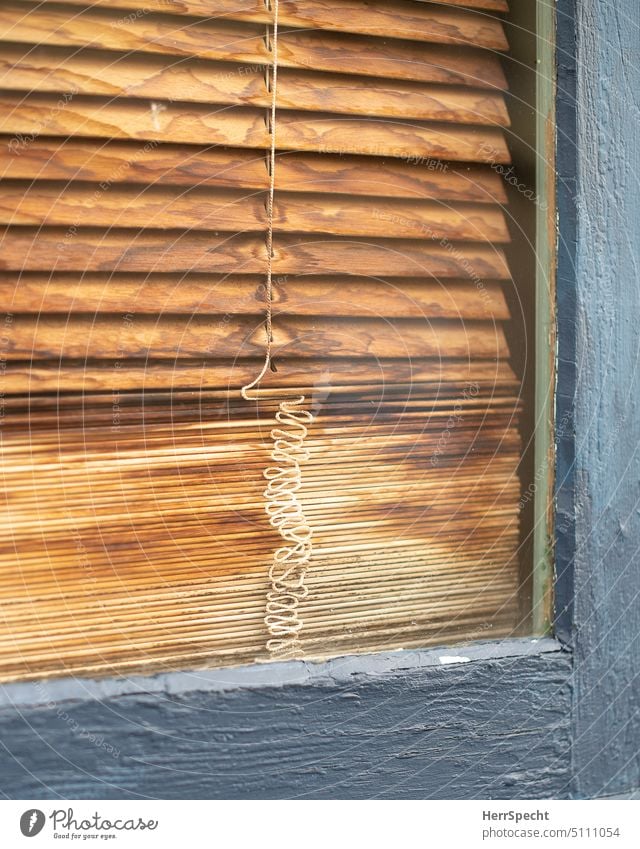 Fensterdetail mit alter Holzjalousie Jalousie hölzern geschlossen Rollo Strukturen & Formen grau Sichtschutz Patina Linie Schlangenlinie Muster Menschenleer