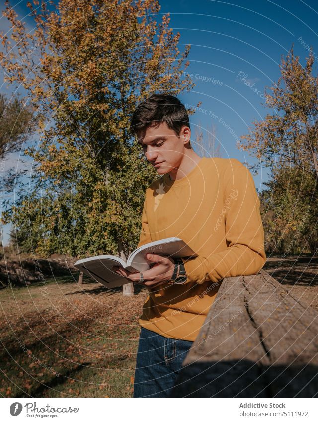 Mann stehend mit Buch auf Holzbrücke lesen hölzern Steg Kopfhörer Konzentration Park Hobby Natur Baum männlich Literatur jung Roman grün lässig Sonne Sommer