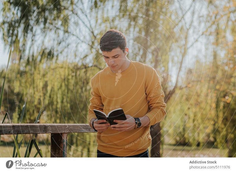 Mann stehend mit Buch auf Holzbrücke lesen hölzern Steg Kopfhörer Konzentration Park Hobby Natur Baum männlich Literatur jung Roman grün lässig Sonne Sommer