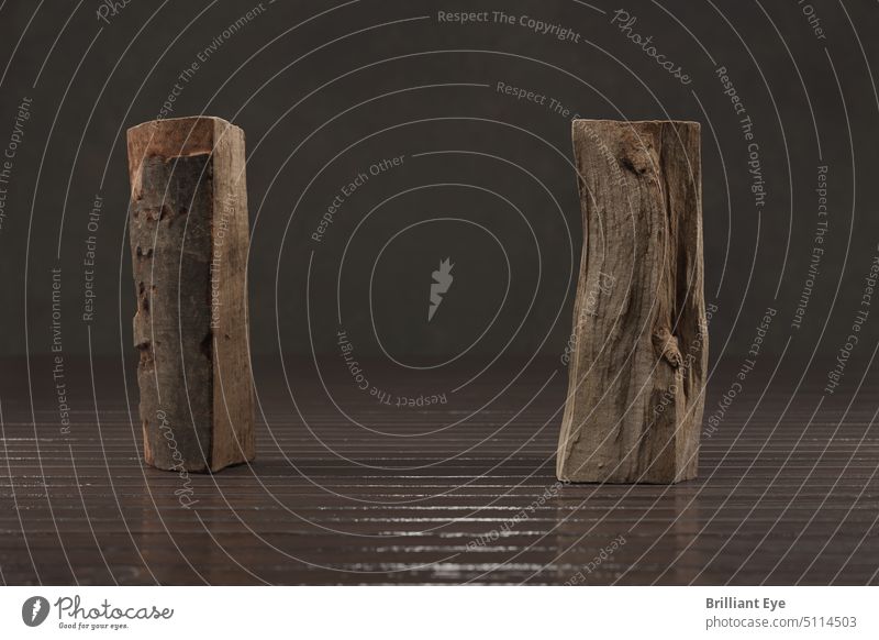 zwei stehende Brennholzstücke auf alten Bohlen dekorativ Split Abschnitt braun Detailaufnahme Energie warm Vorderansicht fossiler Brennstoff Studioaufnahme
