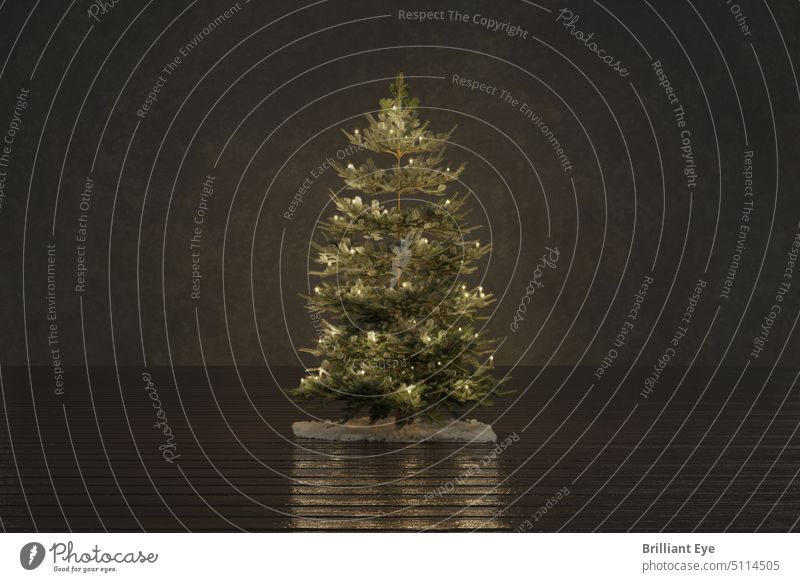 Mit Kerzenlicht geschmückter Weihnachtsbaum in einem braunen Raum 3D-Rendering abstrakt Hintergrund Ast Feier Bretter Weihnachten hölzern Textfreiraum Dekor