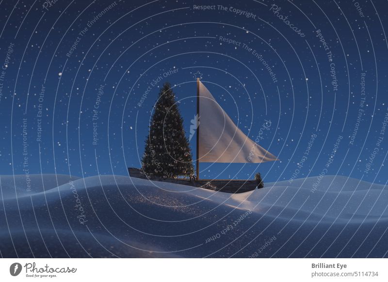 hölzernes Segelboot mit wehendem Segel über verschneiter Landschaft. Beleuchtet vom Weihnachtsbaum 3D-Rendering Verlassen abstrakt Schönheit blau Boot