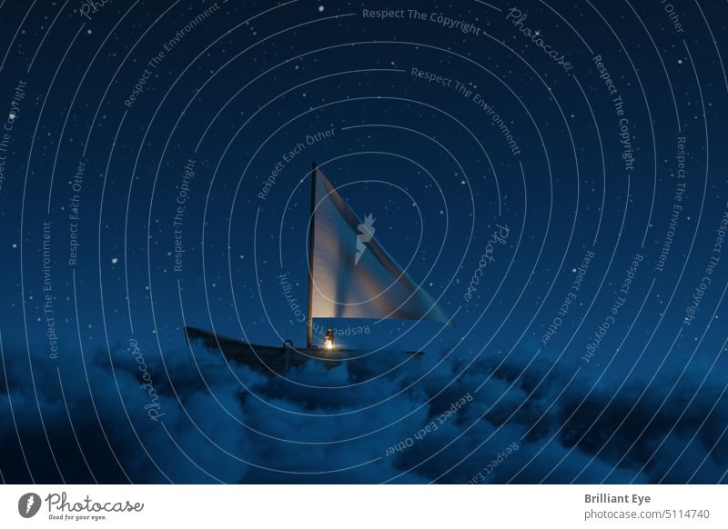 Verlassenes Holzboot mit wehender Plane über flauschigen Nachtwolken. Beleuchtet von einer Sturmlaterne 3D-Rendering abstrakt Schönheit blau Boot Windstille
