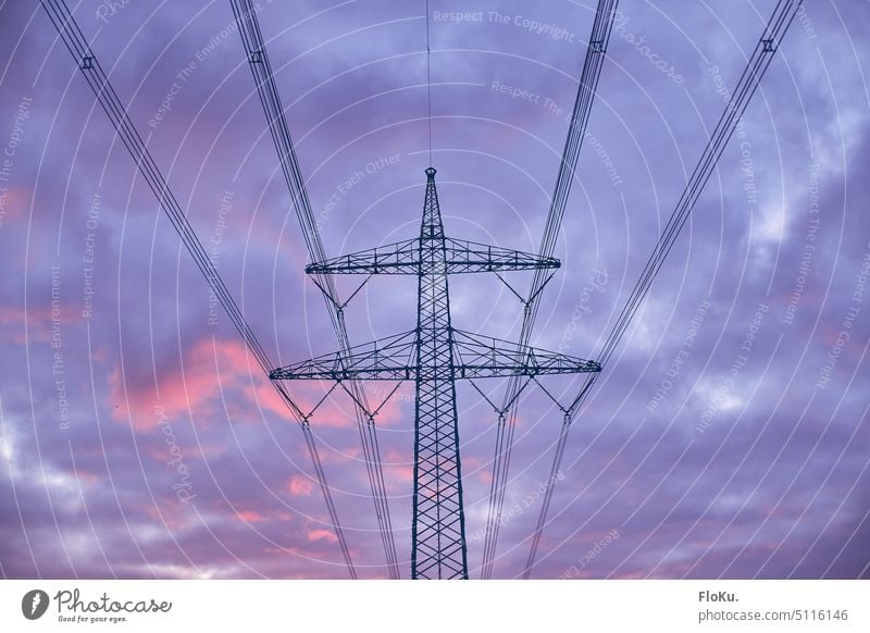 Strommast vor lila Wolken Energie Stromtransport Stromverbrauch KAbel Hochspannung Hochspannungsleitung Elektrizität Energiewirtschaft Kabel