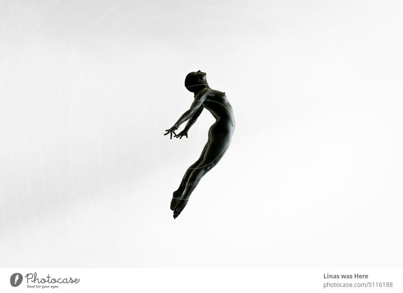 Eine minimalistische Szene auf den ersten Blick. Ein weißer Hintergrund mit einer dunklen Silhouette. Es ist eine wunderschöne, ganz in Schwarz gemalte Frau. Sie springt mit einem Ausdruck in die Luft. Fliegend wie ein Engel.