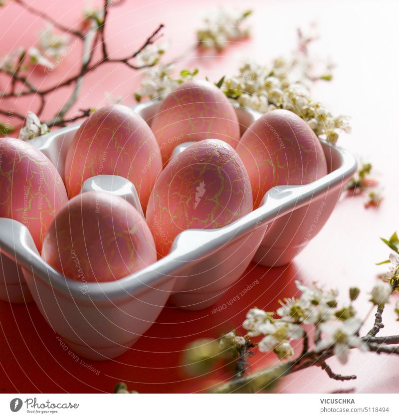 Nahaufnahme von rosa Ostereiern in einem Halter mit Kirschblütenzweigen abschließen Klammer Niederlassungen saisonbedingt Blüte Ostern Feiertag Eier Frühling