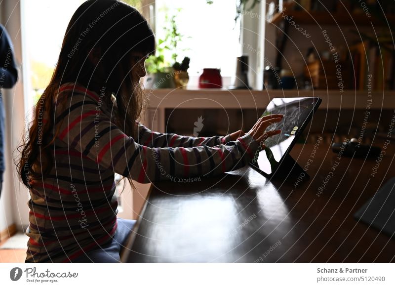 Kind sitzt mit Tablet am Tisch im Gegenlicht mit Fenster im Hintergrund Neue Medien kind ipad Medienkonsum sitzen gemütlich Schule Freizeit Familienleben