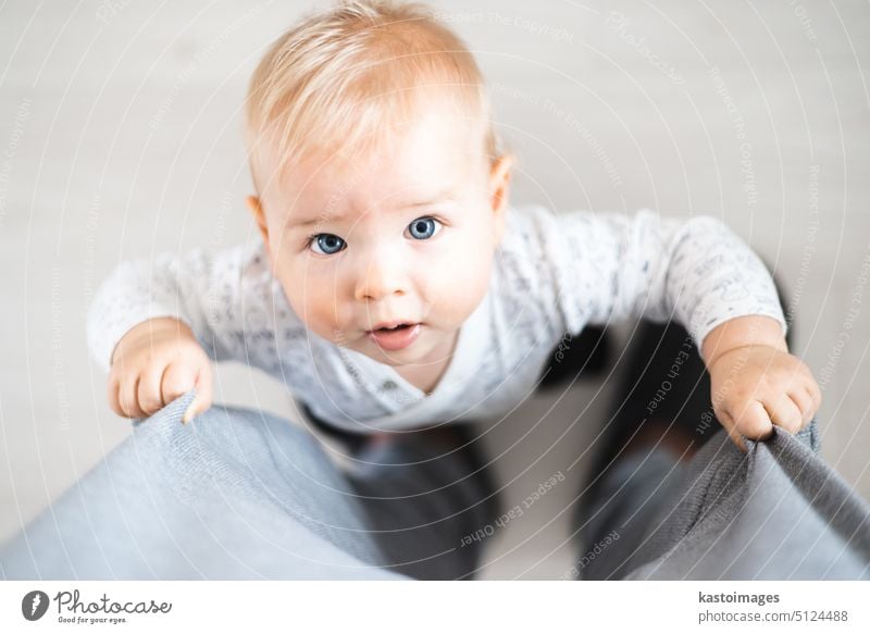Draufsicht auf ein fröhliches Baby, das seine ersten Schritte macht und sich zu Hause an der Jogginghose seines Vaters festhält. Niedliches Baby Junge lernen zu gehen