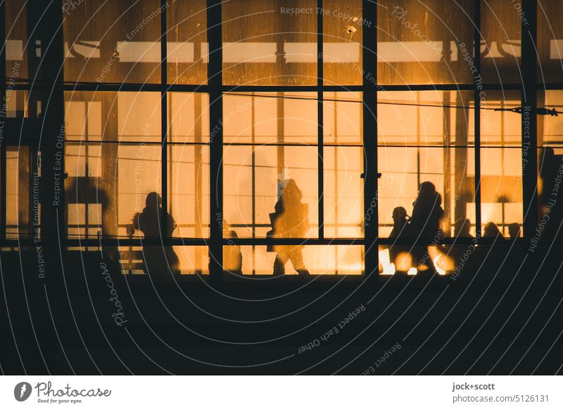 Am Abend hinter Glasfassade warten vom Bahnhof Alexanderplatz Strukturen & Formen Silhouette Berlin-Mitte Gegenlicht Stadtzentrum Abendlicht Wärme abstrakt