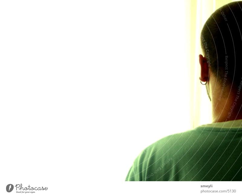 geradeaus Nahaufnahme Mann alternativ grün gelb T-Shirt Hinterkopf Denken Freisteller Jugendliche Mensch Blick Kopf Detailaufnahme Rücken Haare & Frisuren seheh