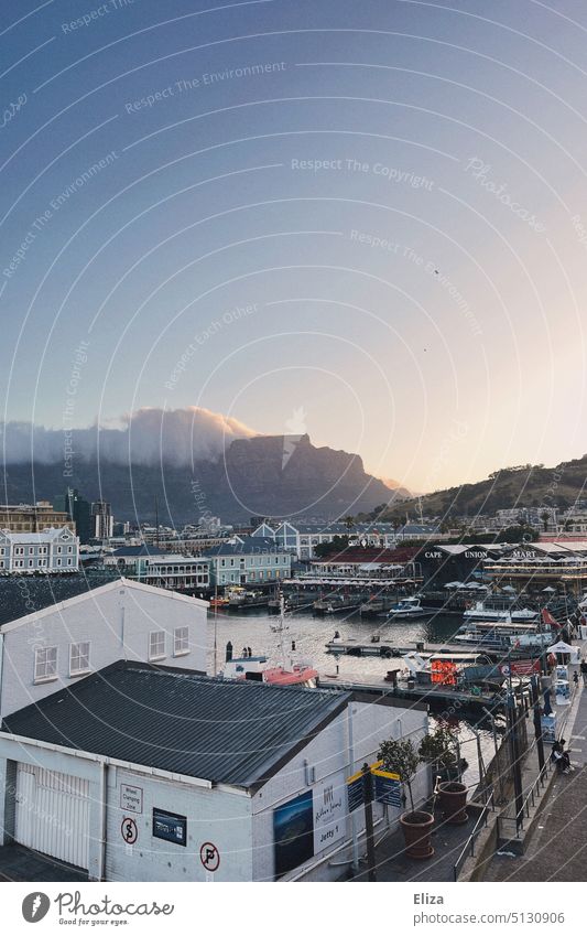 Blick auf die Victoria & Alfred Waterfront und den Tafelberg in Cape Town Hafen Kapstadt Südafrika Himmel Stadt abends blau blaue Stunde