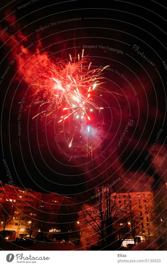 Rotes Feuerwerk an Silvester Silvester u. Neujahr Jahreswechsel Nacht Feste & Feiern Wohngebiet Party silvesterfeuerwerk Himmel Explosion Nachthimmel