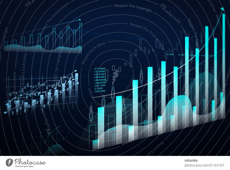 Grafik mit steigenden Indikatoren und hoher Wachstumsdynamik auf blauem Hintergrund. Hohe Einkommen, steigende Preise. Business Tabelle Erhöhung Investition