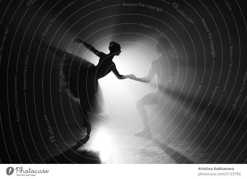 Professionelle Ballett Paar tanzen in Scheinwerfern Rauch auf großer Bühne. Schöne junge Frau und Mann auf Flutlicht Hintergrund. Emotionale Duett Durchführung choreographische Kunst.