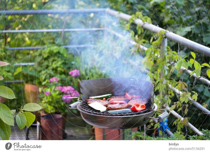 rauchender Grill mit Fleisch und Gemüse auf einem bepflanzten Balkon grillen Holzkohlegrill Grillsaison Ernährung Pflanzen Sommer Rauch Steak heiß Grillen