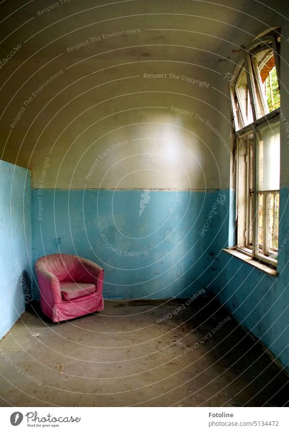 Welch ein Farbenspiel. Ein pinker alter Sessel steht in einem alten Lost Place mit knalliger hellblauer Wandfarbe. lost places Verfall Vergänglichkeit