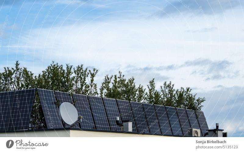 Solaranlage für das Flachdach flachdach solar Photovoltaik Solar Paneeele Energie Klima Umwelt Elektrizität Erneuerbare Energie Sonne Himmel regenerativ