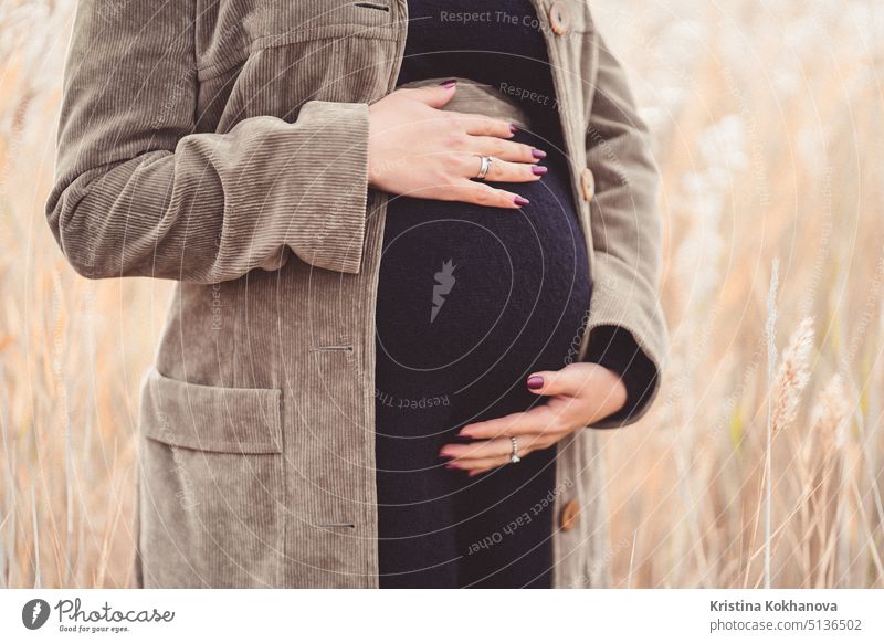 Schwangere, nicht erkennbare Frau in schwarzem Kleid steht im Schilf und hält sich den Bauch. schwanger Mutter Mutterschaft Schwangerschaft Unterleib Baby schön