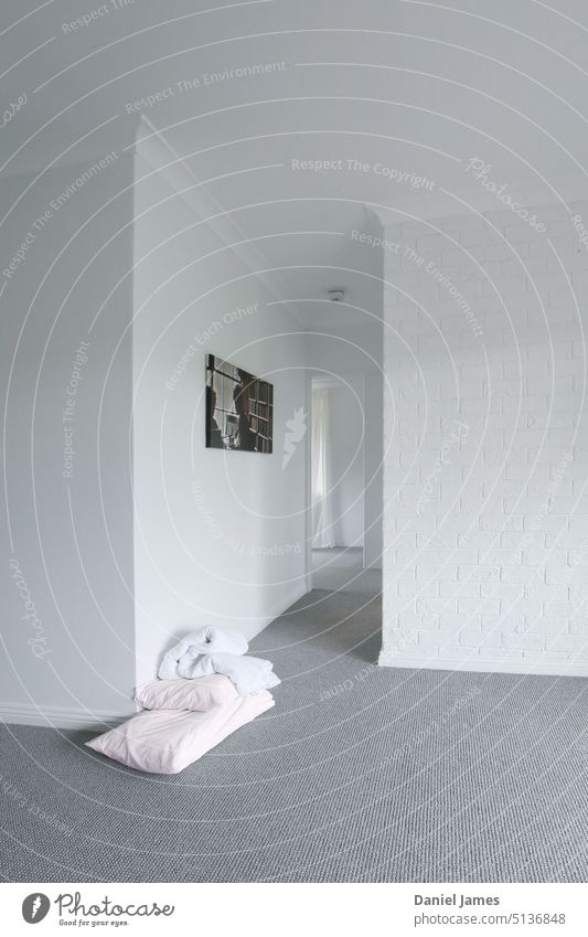 Sparsam eingerichtete Wohnung in Weiß. Appartement Innenaufnahme weiß leer Einzug minimalistisch Menschenleer Wand Raum Häusliches Leben Flur Gang schlicht