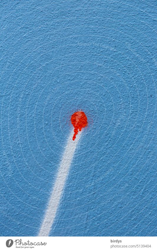 Graffiti auf blauem Grund in Form eines Streichholzes oder das blutende Ende einer weißen Linie Stab Blut rot Wunde symbolbild Ader abstrakt