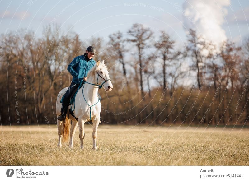 Mann sitzt auf einem mit einem Bosal gezäumten weißen Pferdchen und sucht nach einem Möhrchen in der Jackentasche, als Dank dafür, daß das Pferd ihn trägt. Im Hintergrund sind unscharfe Herbstbäume.