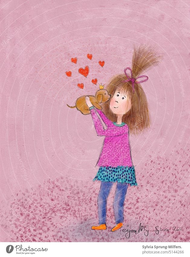 Ein Mädchen liebt ihren Welpen puppy Love Liebe illustration Glückwunsch Herz Liebesbekundung Zusammensein Liebesgruß Gefühle Verliebtheit Symbole & Metaphern