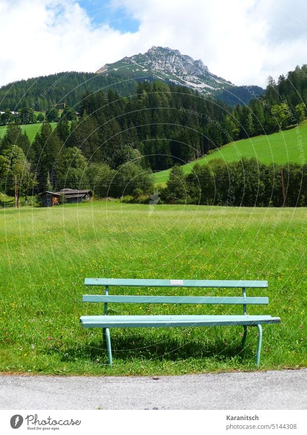 Eine Bank, eine Wiese und dahinter der Rötelstein. Rastplatz Sitzplatz rasten ruhen ausruhen wandern Wanderung Gras grün Wald Bäume Berg Österreich Salzburg