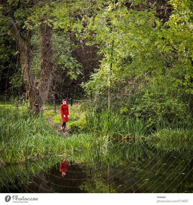 am See Mensch feminin Junge Frau Jugendliche Erwachsene Umwelt Natur Landschaft Seeufer ruhig Einsamkeit Kleid rot Reflexion & Spiegelung Baum Romantik einzeln