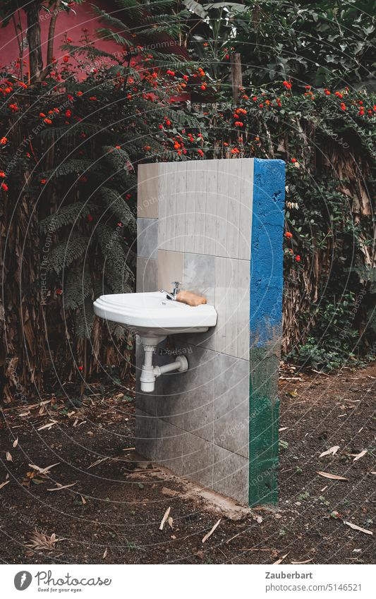 Frei stehendes Waschbecken an einer Mauer als fragmentarisches Bad auf einer Farm, dahinter Buschwerk Hand Handwaschbecken waschen Schwamm Wasserhahn