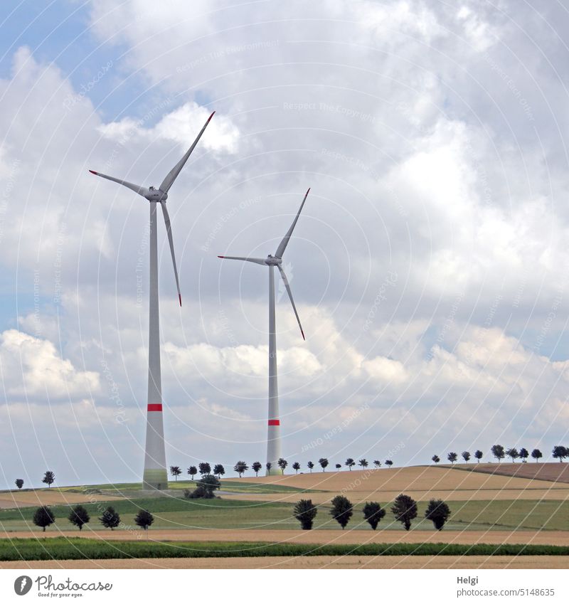 zwei riesige Windkraftanlagen stehen auf Feldern mit winzig erscheinenden Baumreihen vor bewölktem Himmel Windrad Wiese Reihe groß klein Wolken Energie