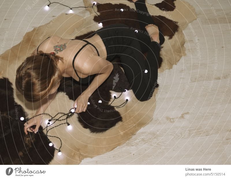 Ein wunderschönes Dessous-Modell spielt mit einigen Lichtern auf dem Boden. Ein hübsches brünettes Mädchen krabbelt auf falschem Kuhfell und zeigt ihre wilde Seite, ihren eingefärbten Körper und ihre sexy Kurven.