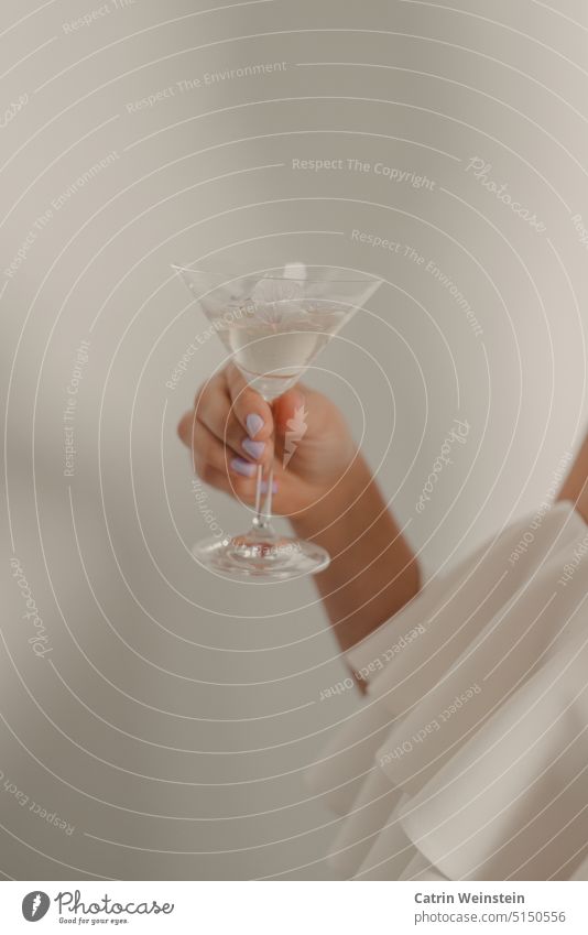 Eine weibliche Hand mit lila lackierten Fingernägeln hält ein Martiniglas mit Blütenblättern in der Hand. Glas martiniglas Martini-Cocktail Blütenblatt weiß