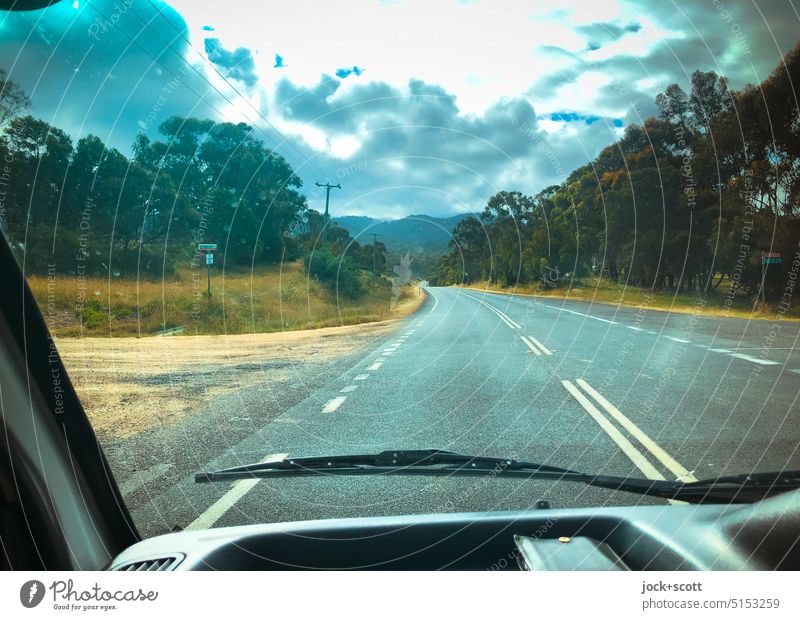 Fahrt auf tasmanischer Straße durch viel Natur dem Himmel entgegen Verkehrswege Frontscheibe Amaturenbrett Wolken Landschaft Laubbaum Scheibenwischer Tasmanien