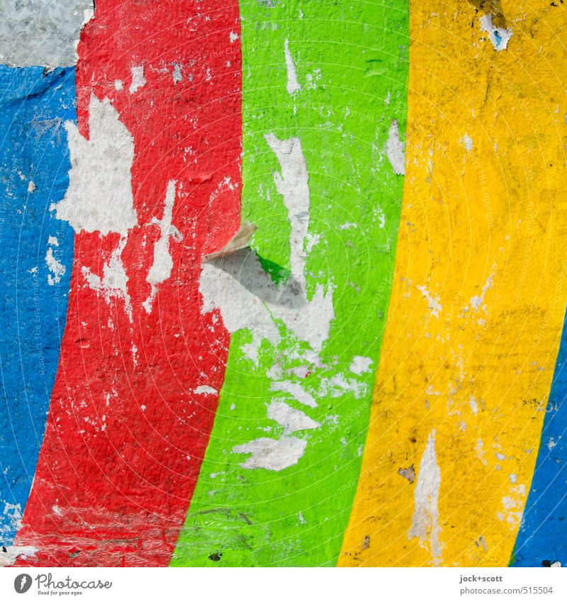 Farbe-bunt-wunderbar Design Subkultur Dekoration & Verzierung Streifen Fröhlichkeit Inspiration Papier Oberfläche kaputt gekrümmt Fetzen intensiv Straßenkunst