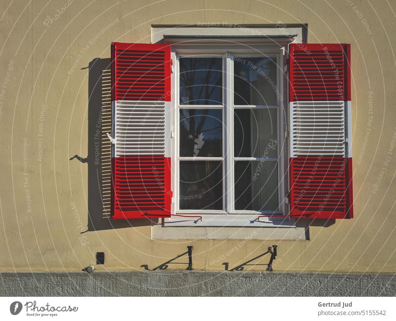 Rot-weiß-rote Fensterläden Haus Hausmauer Fensterladen reisen rot-weiß Rot-Weiss gestreift rot-weiß-rot Licht Lichtspiel Lichteinfall Schatten Schattenspiel