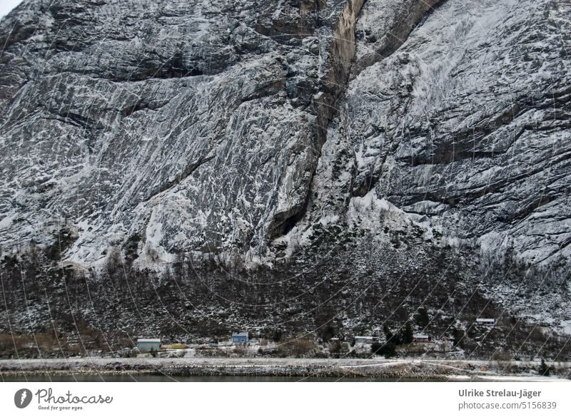 Einsame Häuser am schneebedeckten Berghang Fjord in Norwegen einsame Häuser schneebedeckter Berghang Waldrand steiler Hang Berge u. Gebirge Felsen Schnee Kälte